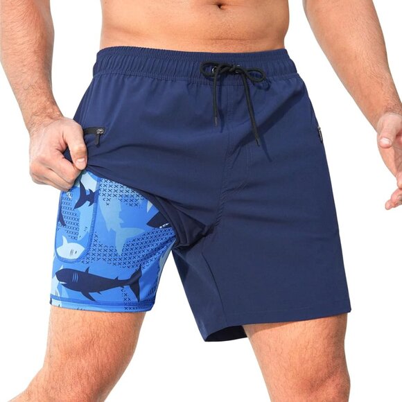 Mens Swim Trunks with Printed Compression Liner Quick Dry Bathing Suits 6" Beach